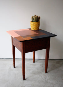 Vintage Sewing Box Side Table - Blue and Coral Design