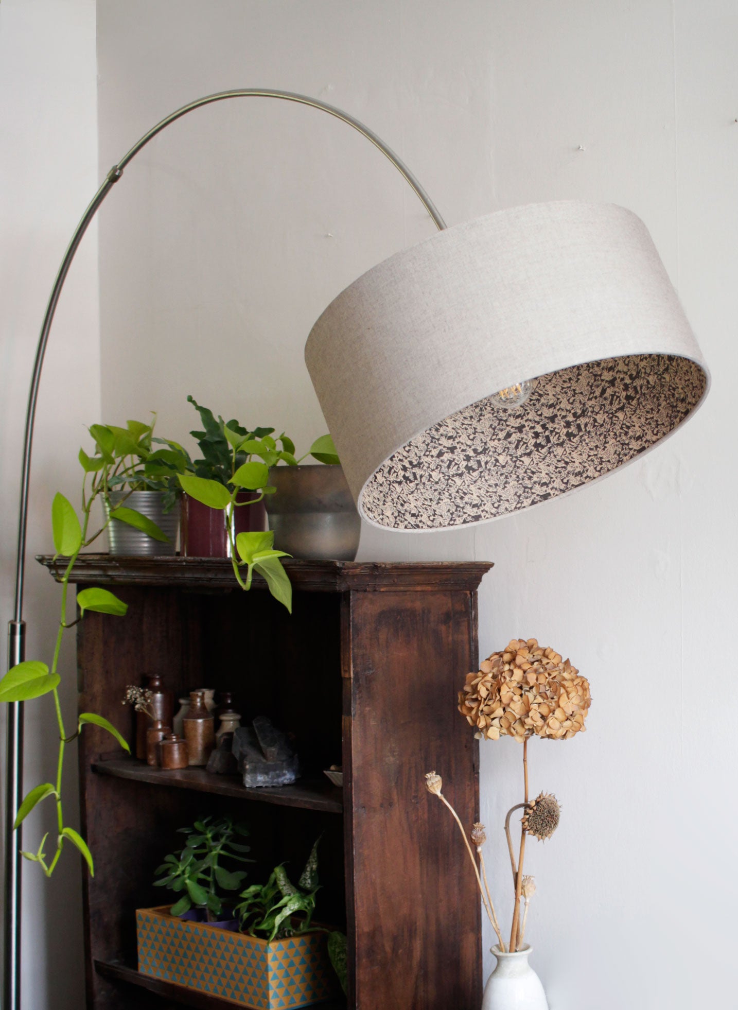 Modern boho large pendant light. Natural organic cotton lampshade with printed lining